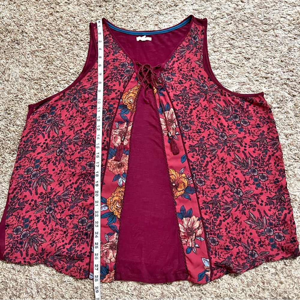 [Maurices] Burgundy Mixed Print Mixed Media Sleeveless Top Beachy Cottagecore 3X - Picture 8 of 9
